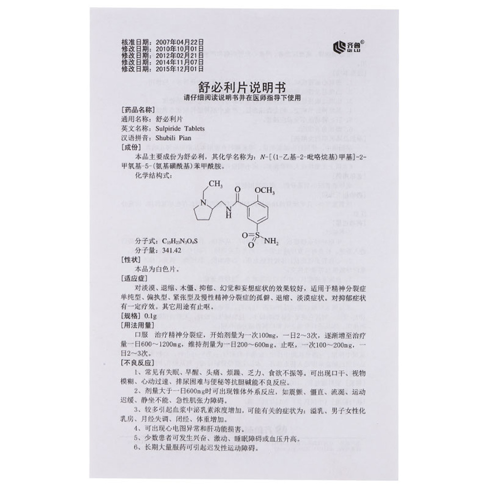 舒必利片(齐鲁)对淡漠,退缩,木僵,抑郁,幻觉和妄想症状的效果较好