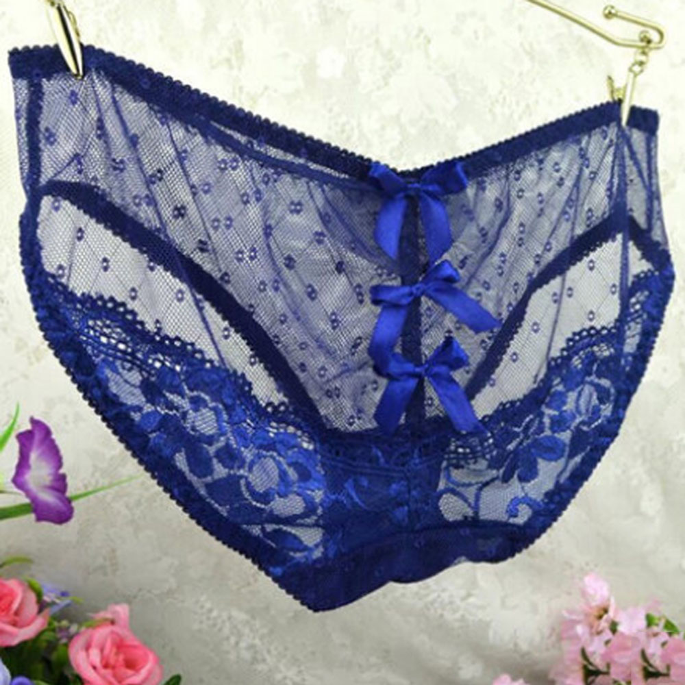 逆行 情趣内衣 蓝色蝴蝶节透明蕾丝三角内裤(宝蓝色)