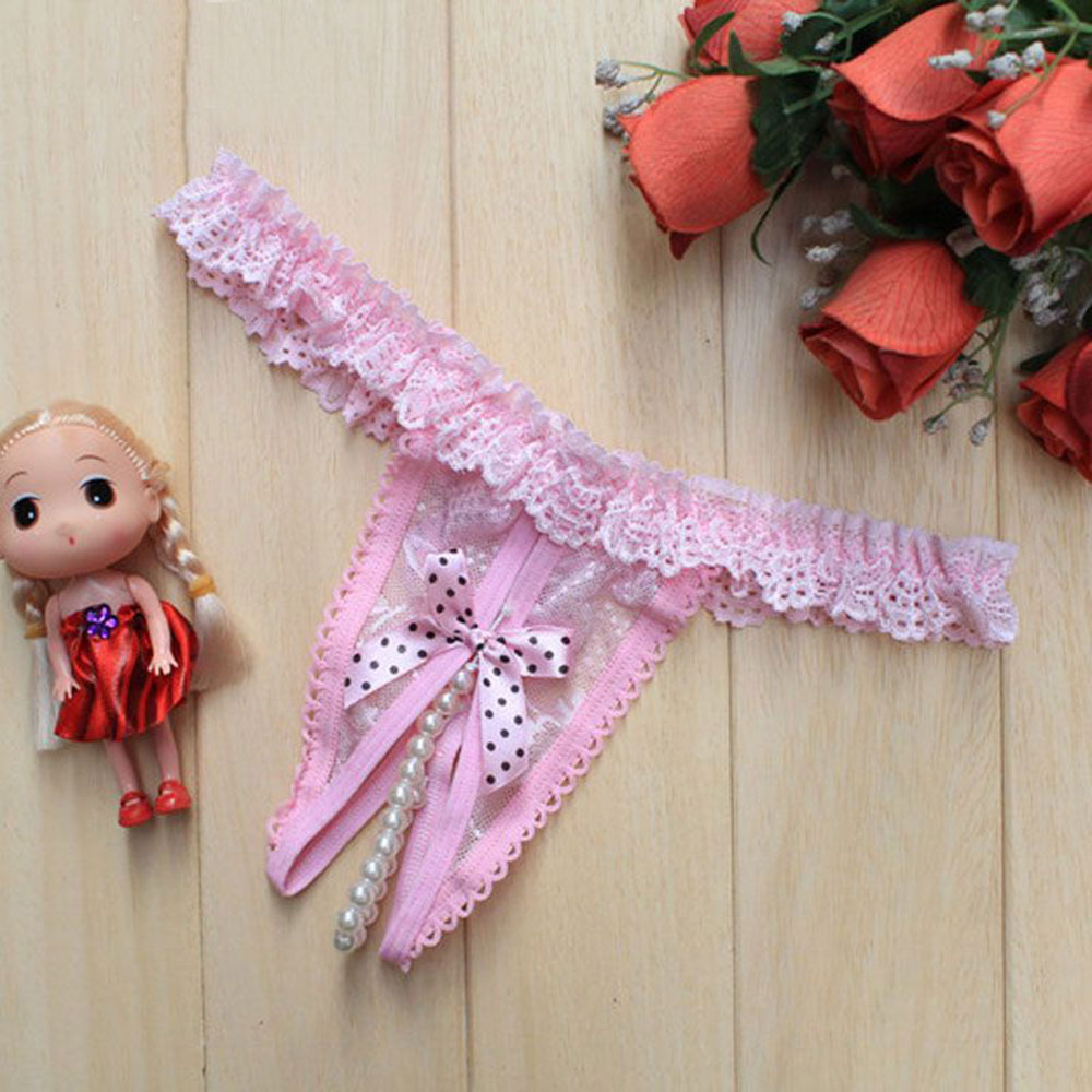 兆欣 性感蕾丝珍珠开档丁字裤(粉红色)