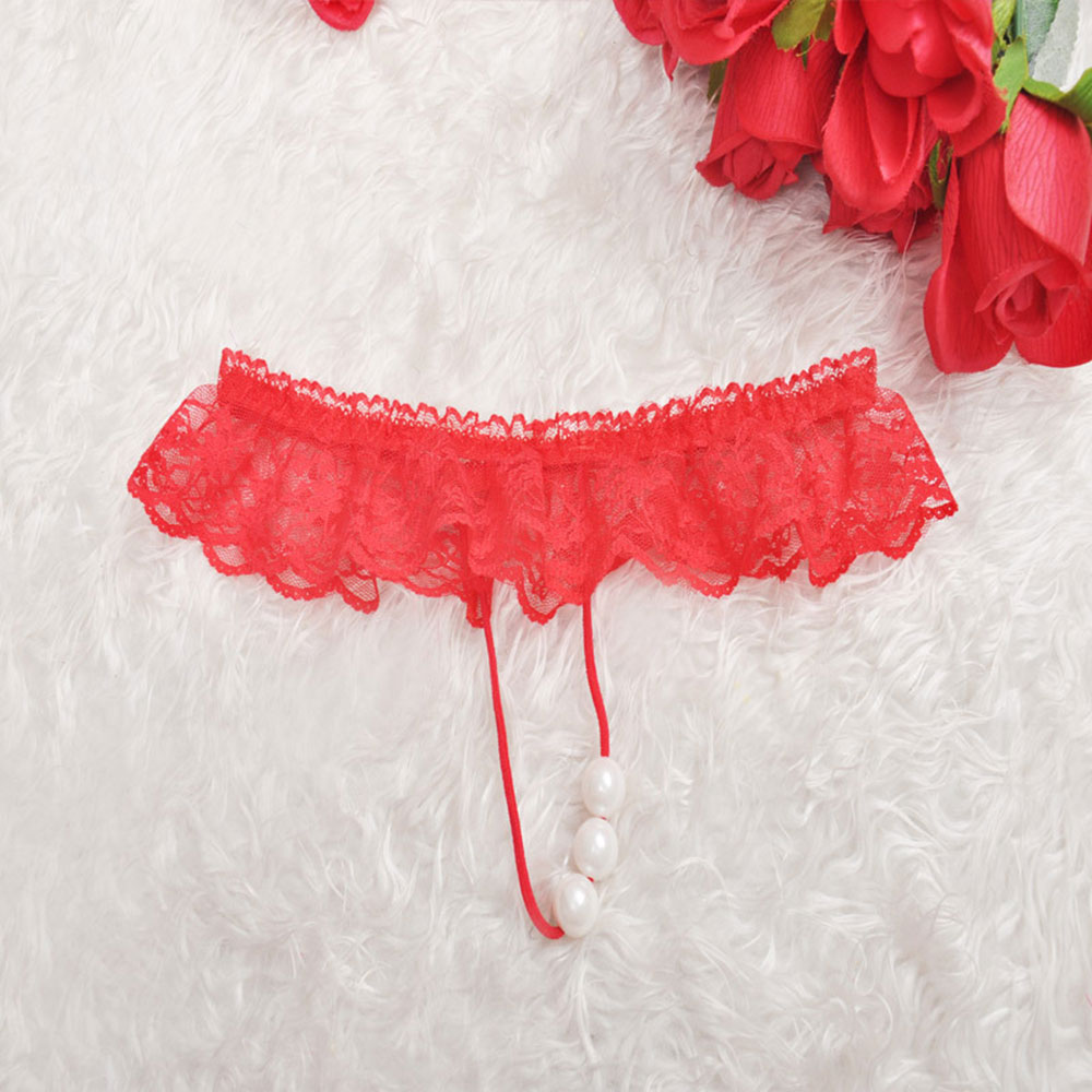 夜の惑 透明蕾丝 珍珠按摩透视内裤(红色 l码)